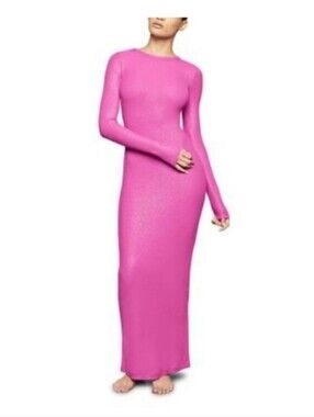 Skims Bodycon Ribbed Pink Fuschia Shimmer Metallic Maxi Long Sundress Size Large